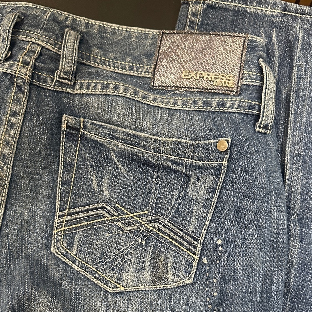 577. Express Zelda Women's Skinny Jeans - Blue with metallic abstract design - Picture 2 of 16